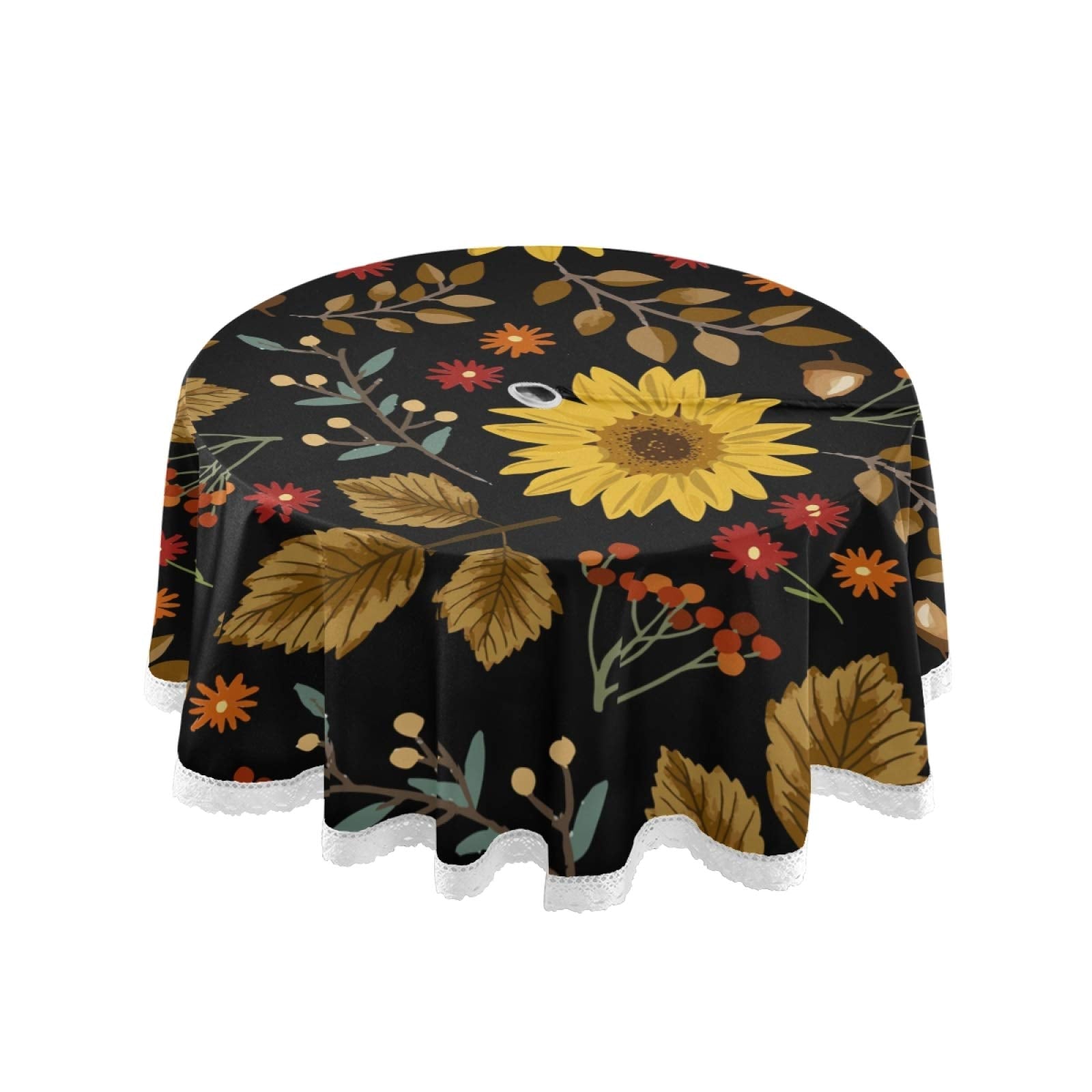 Qilmy Sunflower Outdoor Tablecloth 60 Inch Waterproof Round Tablecloth With Umbrella Hole And Zipper For Backyard Party Bbq Deco