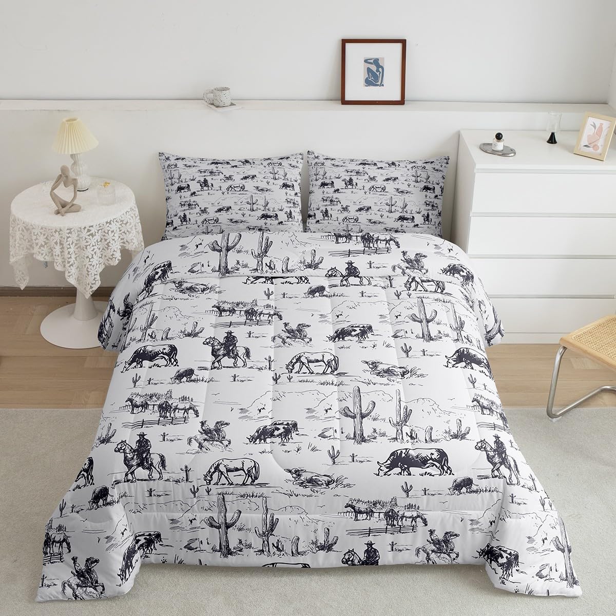 Feelyou Western Comforter Set King Size, White and Black Cowboy Cow Bedding Set Cowboy Comforter Desert Cactus Duvet Set Soft Be