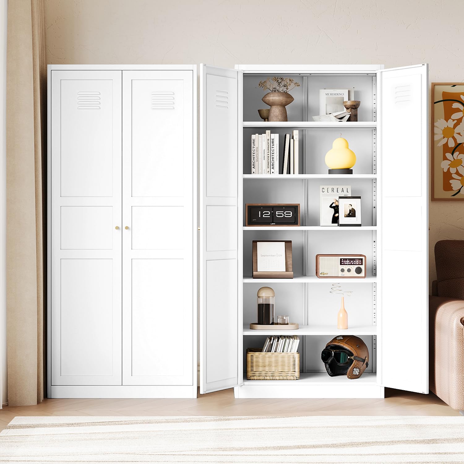 Letaya White Storage Cabinet with Adjustable Shelves-Metal Home Kitchen Pantry Cabinets with Doors,Organization Locker for Cupbo