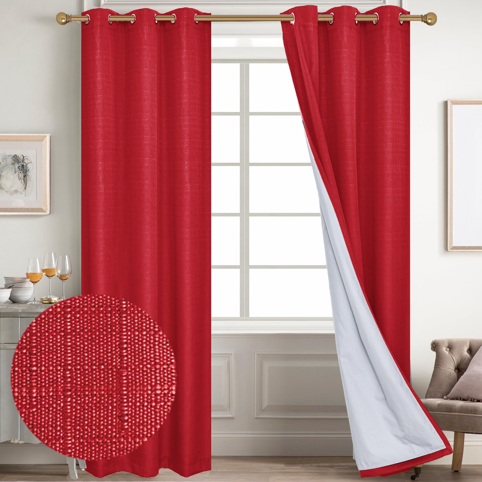 Diraysid 100% Blackout Curtains Red Linen Curtains For Bedroom Grommet Thermal Insulated Room Darkening Drapes (2 Panels, W42 X