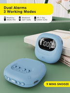 ROCAM Loud Dual Alarm Clock with Bed Shaker, Portable Blue Vibrating Alarm for Heavy Sleepers, Rechargeable, 12/24H, 3 Wake-up Modes