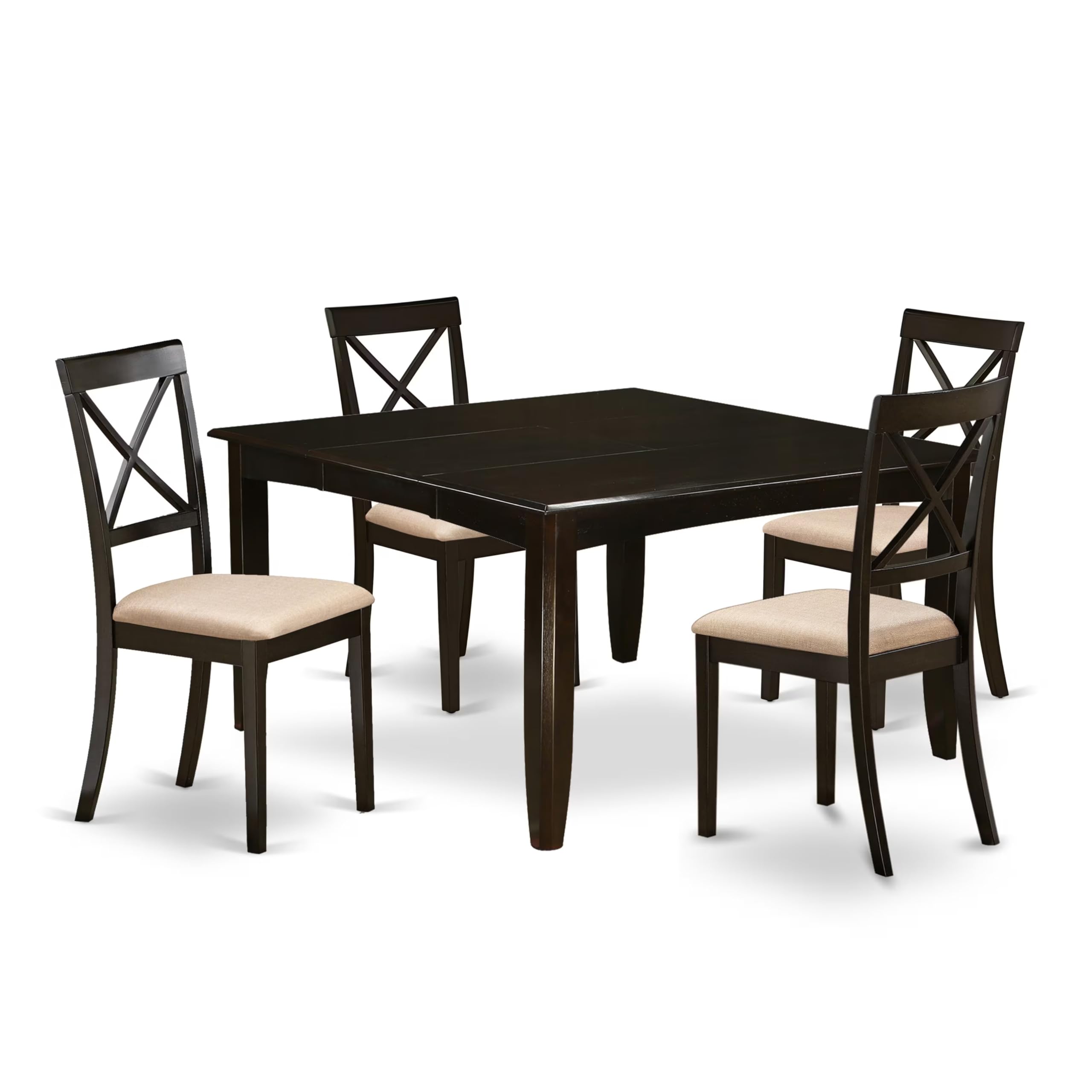 East West Furniture PFBO5-CAP-C 5 Piece Dinette Set for 4 Includes a Square Dining Room Table with Butterfly Leaf and 4 Linen Fabric Upholstered Dining Chairs, 54x54 Inch, Cappuccino