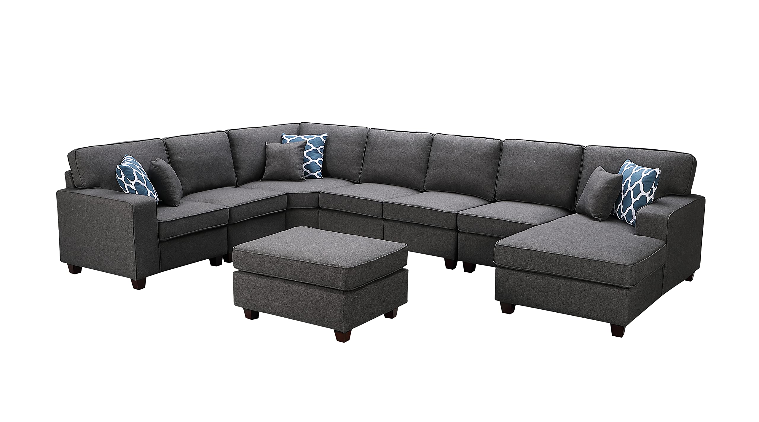 Lilola Home Irma Dark Gray Linen 8Pc Modular Sectional Sofa Chaise and Ottoman