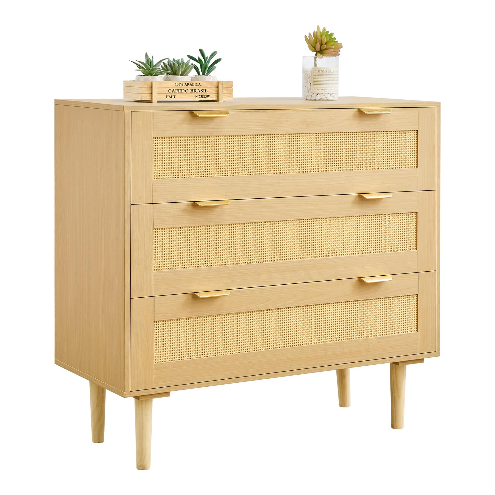 VEVOR 3 Drawer Rattan Dresser, Small Boho Dresser for Bedroom, 31.5 Wide Chest of Drawers with Metal Handles & Wooden Legs, Wood