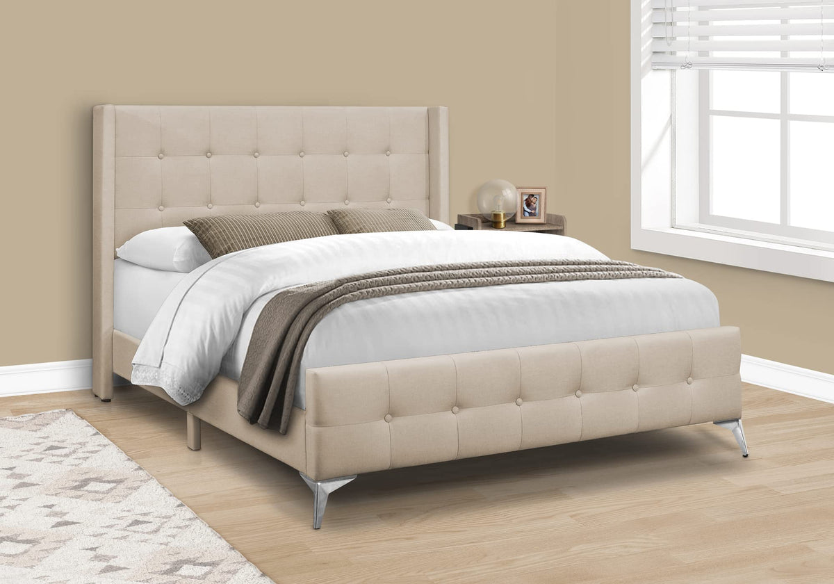 Monarch Specialties I 6041Q Bed, Frame, Platform, Bedroom, Queen Size, Upholstered, Linen Look Fabric, Metal Legs, Beige, Chrome, Contemporary, Modern