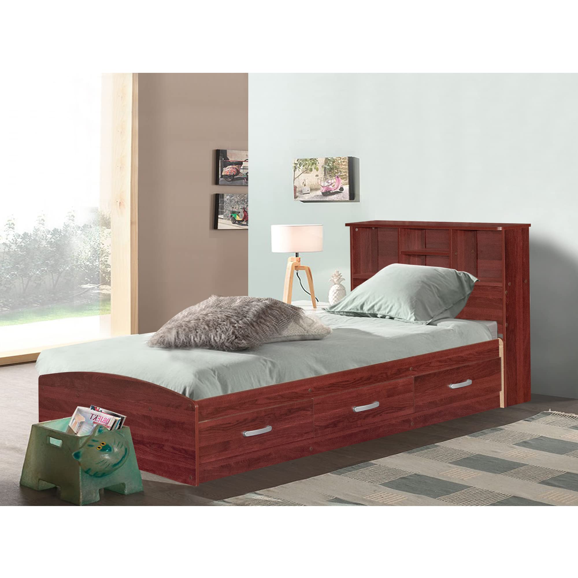 Better Home Products California Wooden Twin Captains Bed in Mahogany