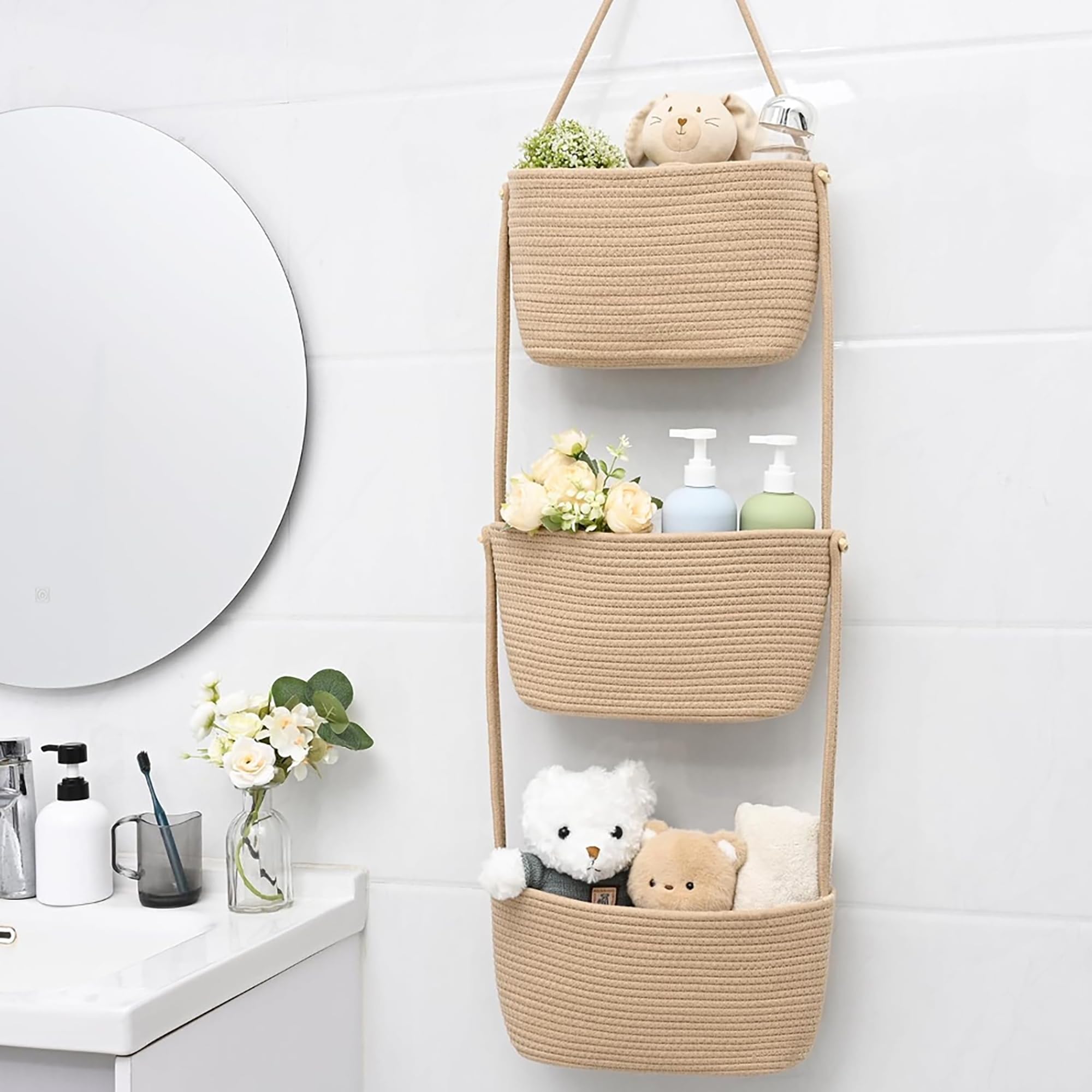 Mridvya 3Tier Hanging Storage Baskets | Woven Rope Organiser | With Hooks | Wall Mounted (Beige)