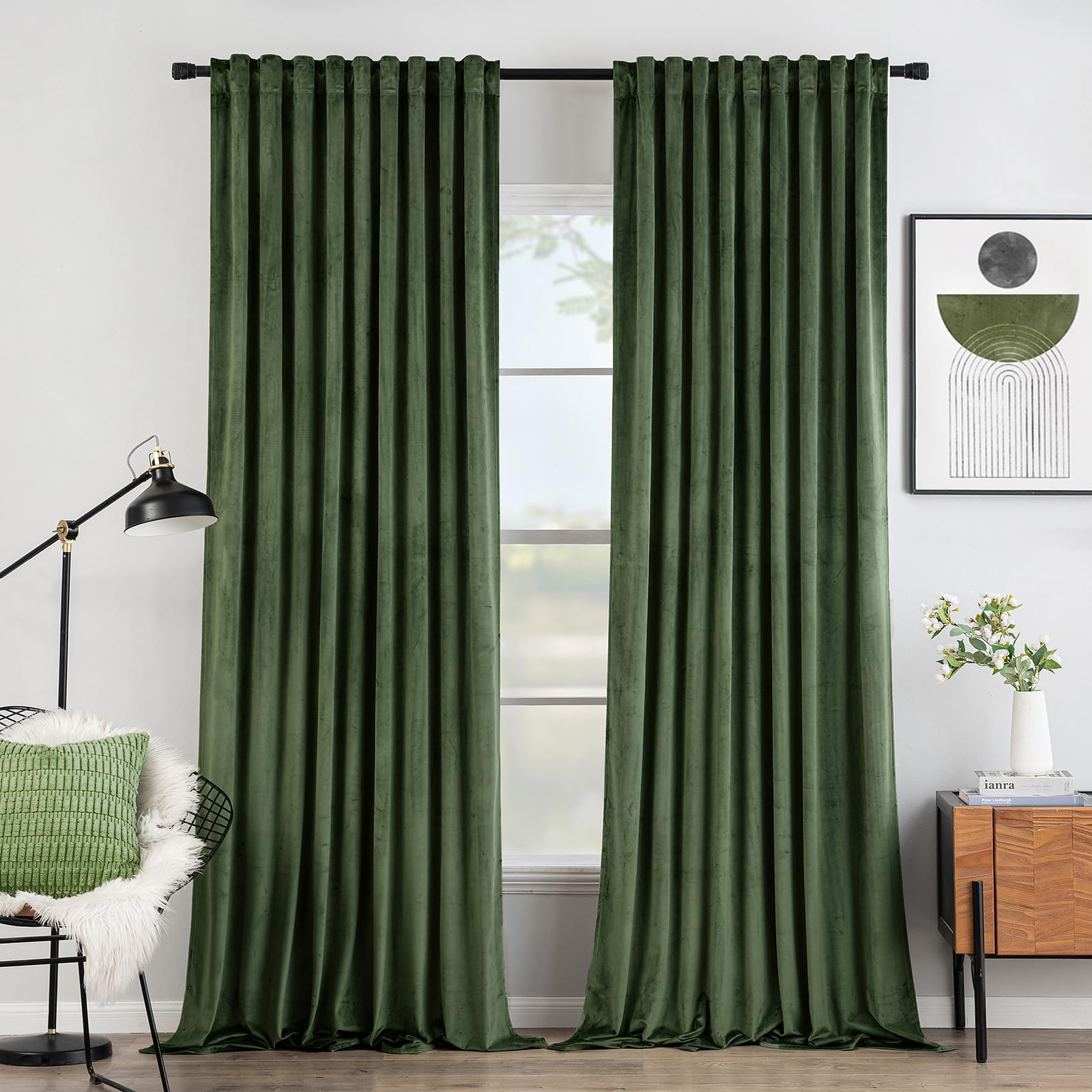 Miulee Olive Green Velvet Curtains 108 Inches 2 Panels - Pinch Pleated Luxury Room Darkening Curtains For Bedroom Living Room Th