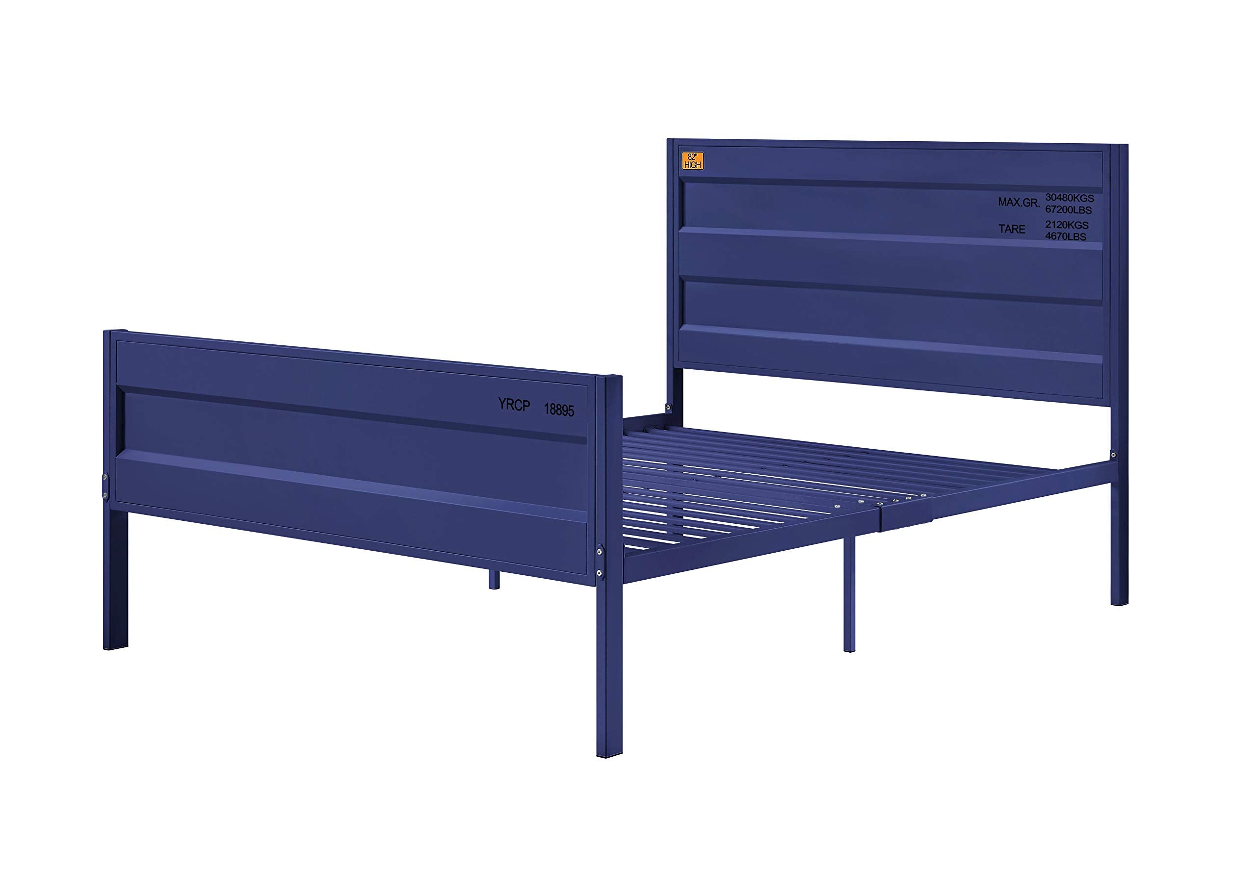 Benjara, Blue Industrial Style Metal Full Size Bed With Straight Leg Support