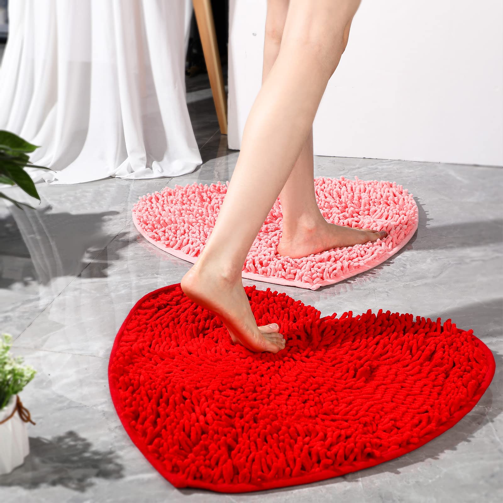 2 Pcs Valentines Day Heart Shaped Rug Love Decorative Floor Mat Chenille Bathroom Rug Heart Shag Shower Non Slip Washable Mat f