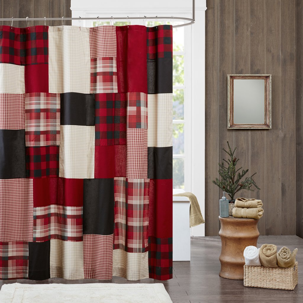 Woolrich Sunset Cotton Shower Curtain, Plaid Lodge/Cabin Shower Curtains For Bathroom, 72 X 72, Red