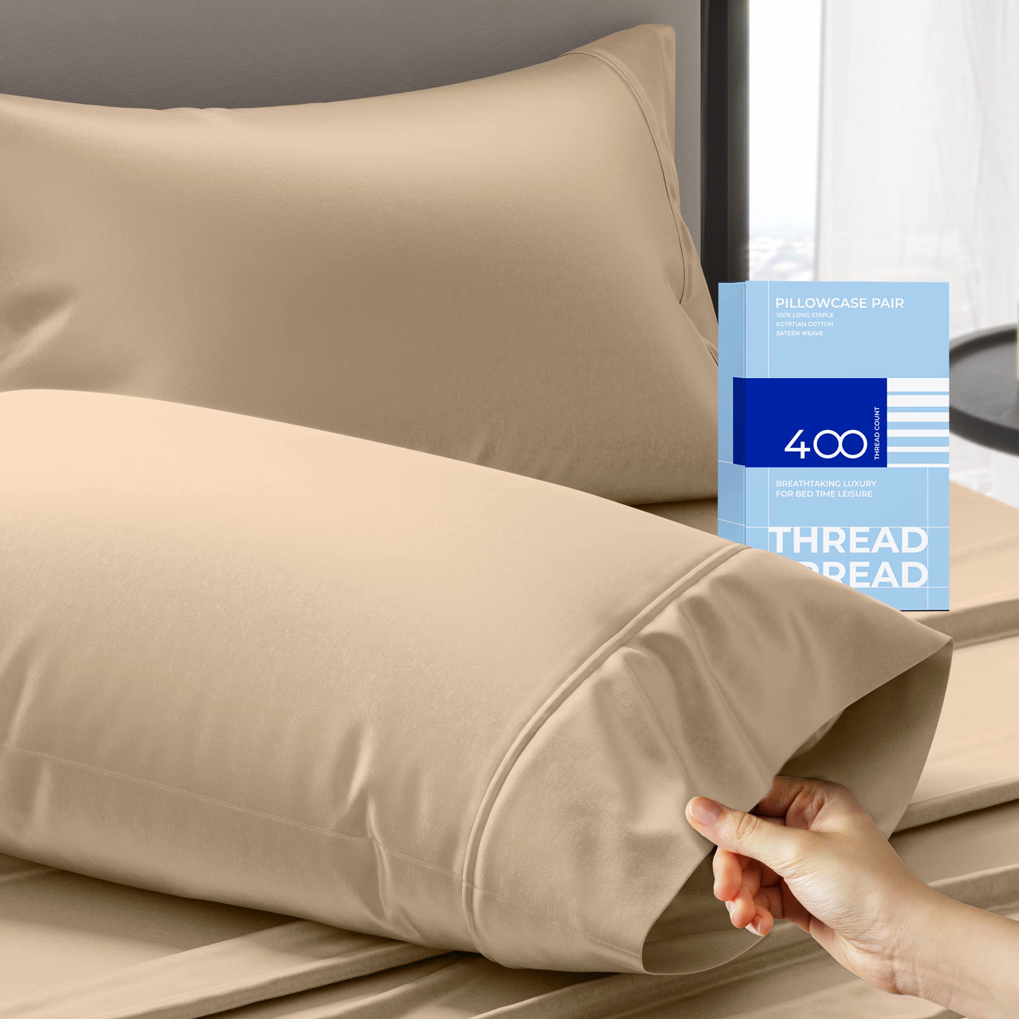 Thread Spread Glee King Size Pillow Cases 2 Pc, Soft & Smooth 100% Cotton Pillowcases, 400 Thread Count Sateen Weave, Taupe Pillow Covers - Perfect For Home, Hotels & Hospital Use