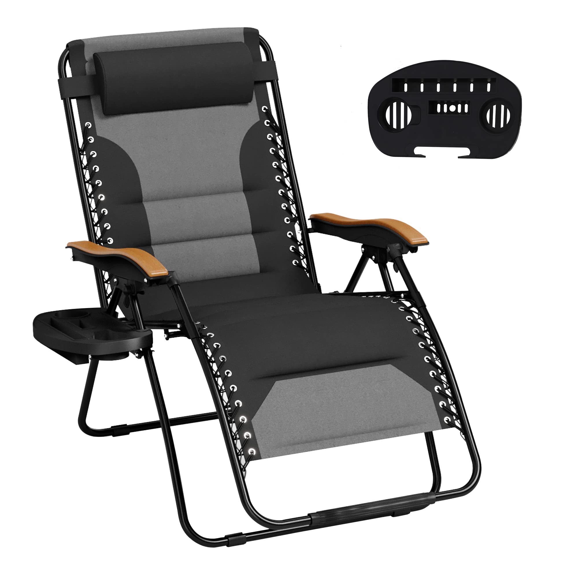 Mfstudio Zero Gravity Chairs, Oversized Patio Recliner Chair, Padded Folding Lawn Chair With Cup Holder Tray, Support 400Lbs, Black