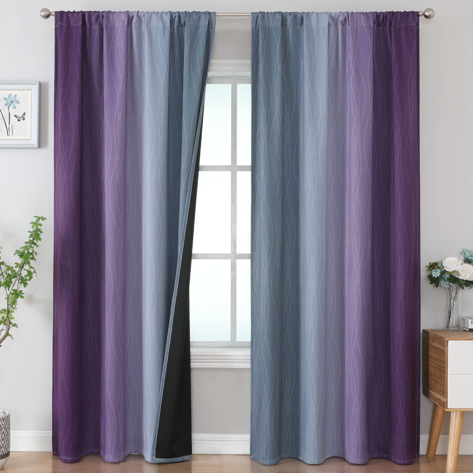 Estelar Textiler Purple And Grey Blackout Curtains 96 Inches Long, Full Room Darkening Rod Pocket Ombre Curtains For Bedroom, Th