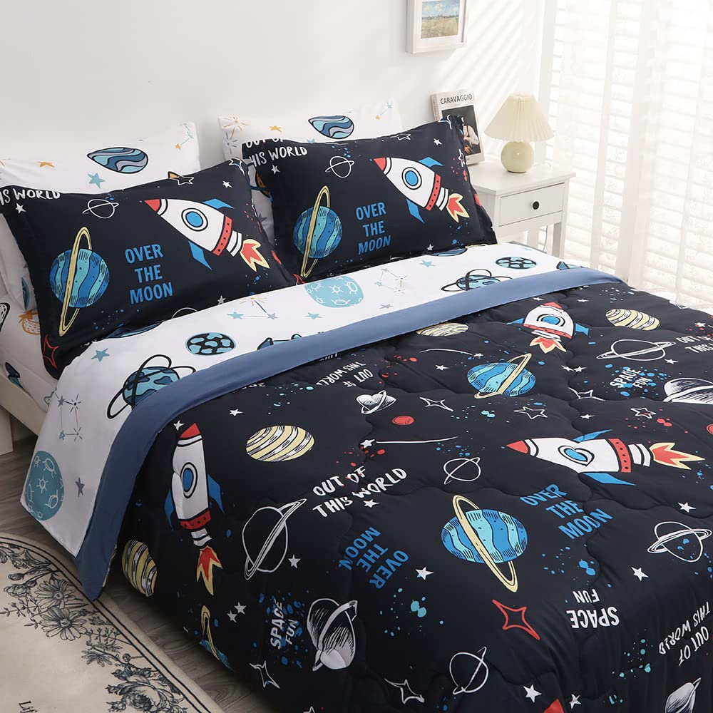 Wajade Kids Space Comforter Set Bed In A Bag Full Size 7 Piece 3D Space Rocket Planets Bedding Set For Teens Boys Girls (1 Comfo