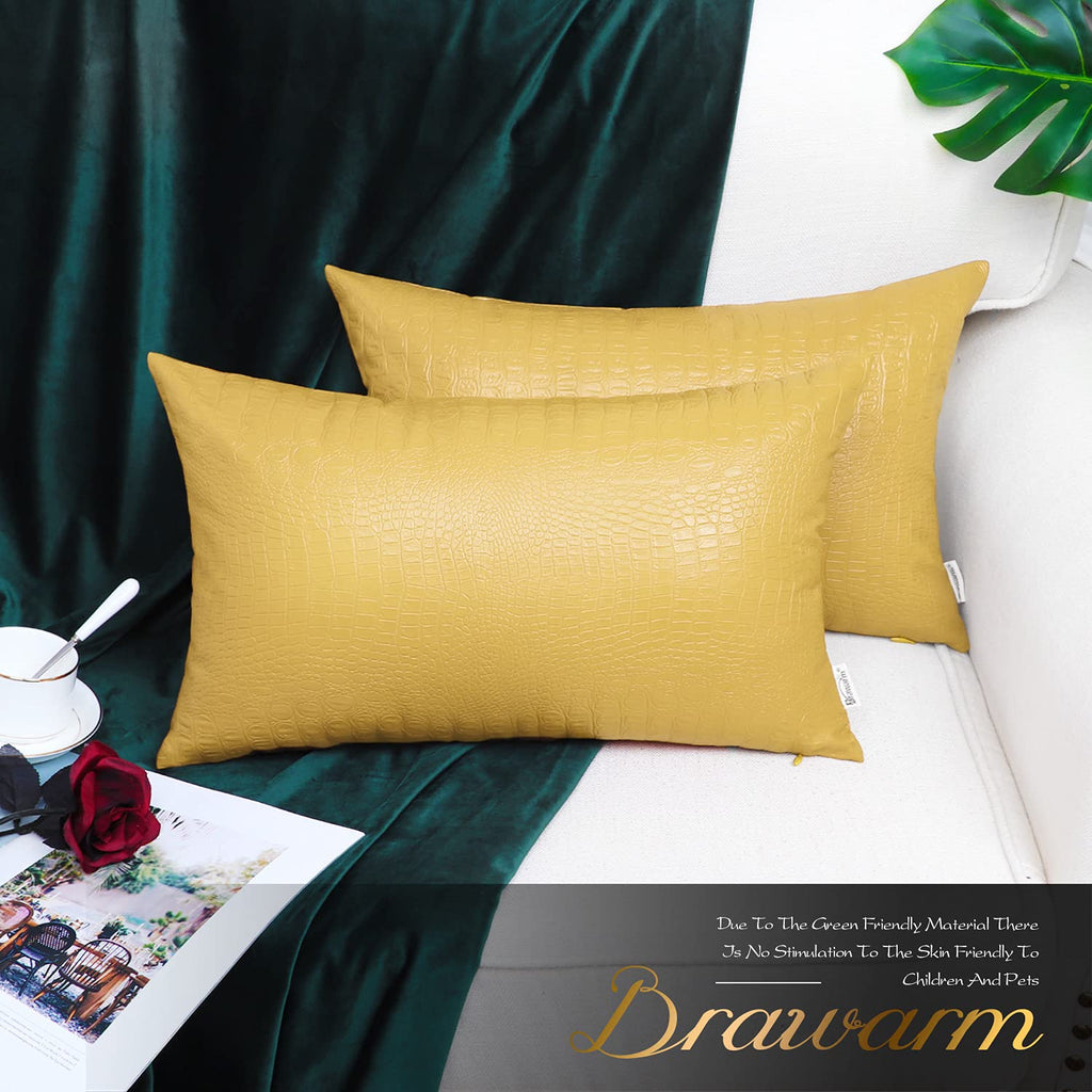 Brawarm Faux Leather Pillow Covers 12 X 20 Inches, Yellow Leather Pillow Covers Pack Of 2, Crocodile Leather Decorative Lumbar T