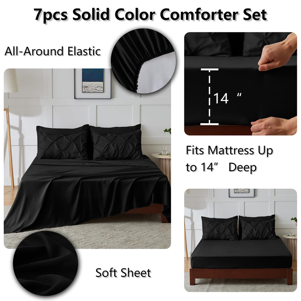Himeet Bedding Sets Full 7 Pieces Comforter Set Full Pintuck Bed In A Bag Full Bedding Set Pinch Pleat Design Black