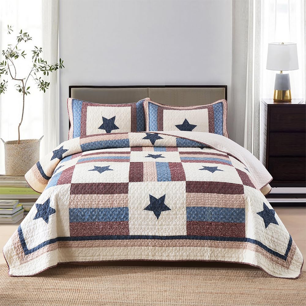 Visimisi Cotton Bedding Quilt Sets 3 Pieces Reversible Coverlet Sets All Season Boys Real Patchwork Bedspread,Star Pattern,Queen