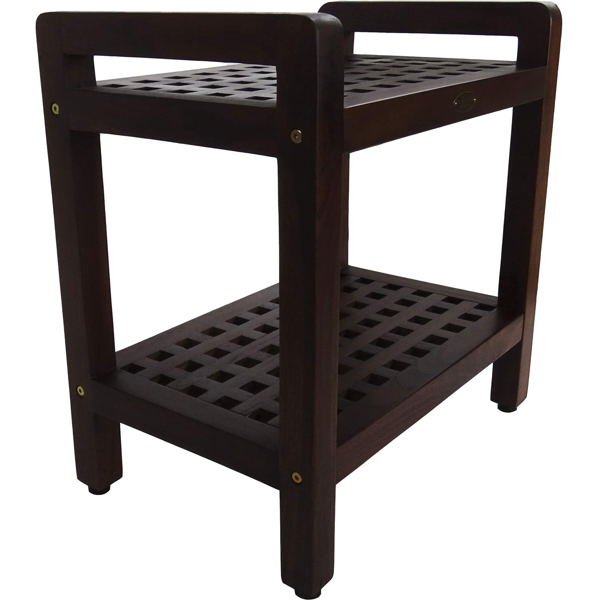 HomeRoots Teak Lattice Pattern Shower Stool with Shelf and Handles in Brown Finish