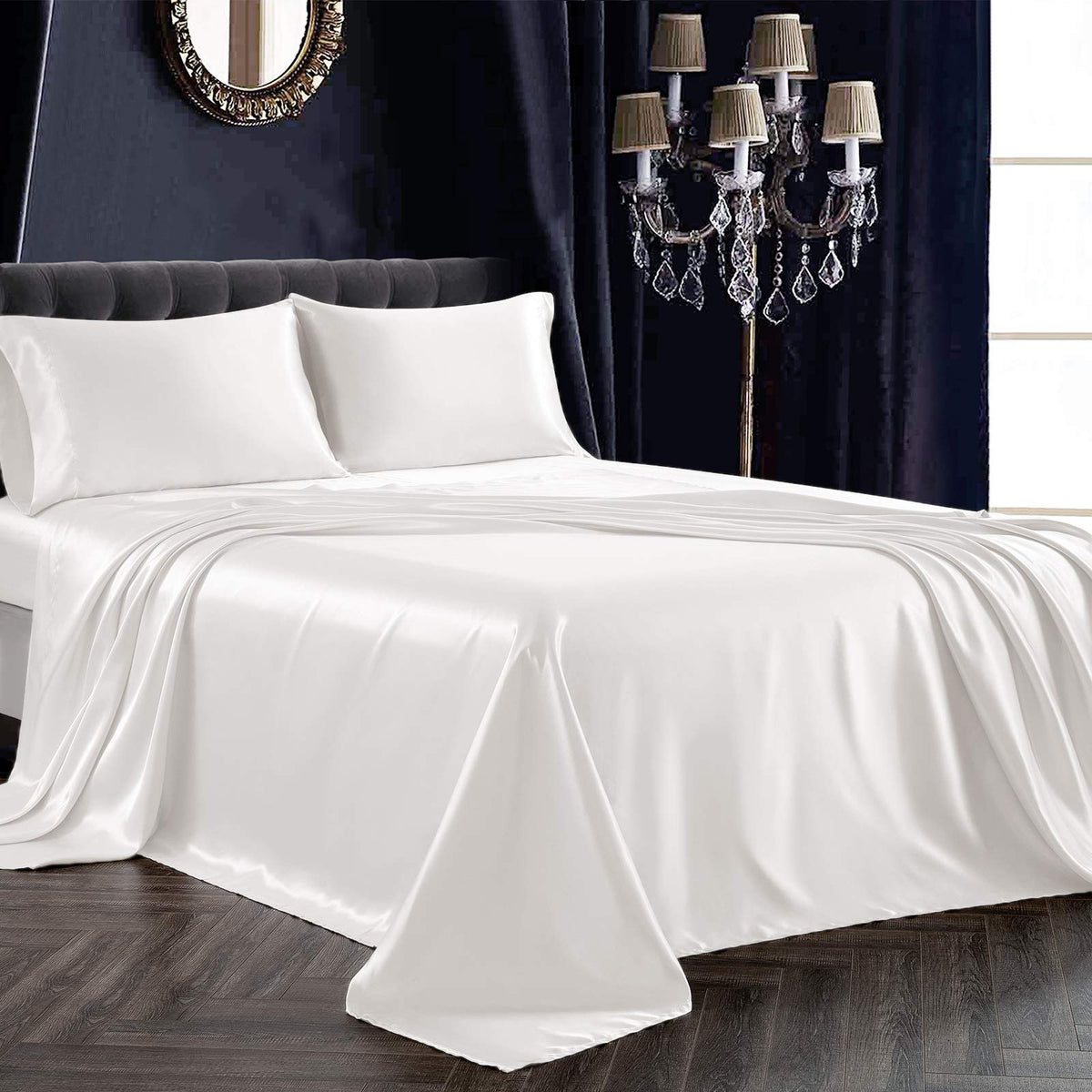 Siinvdabzx 4Pcs Satin Sheet Set Full Size Ultra Silky Soft Ivory White Satin Full Bed Sheets With Deep Pocket, 1 Fitted Sheet, 1