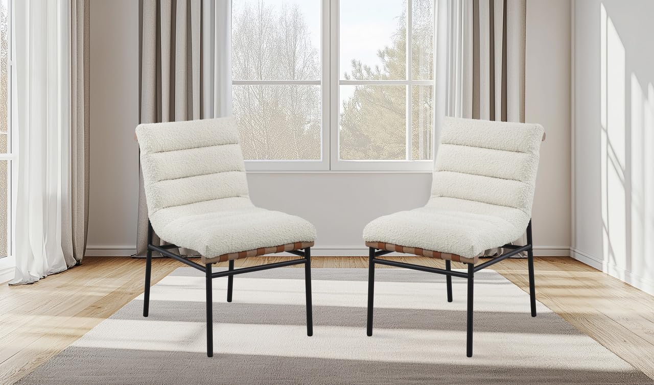 LILOLA LIVING Lahni White Boucle Fabric Set of 2 Dining Chair with Black Iron Legs