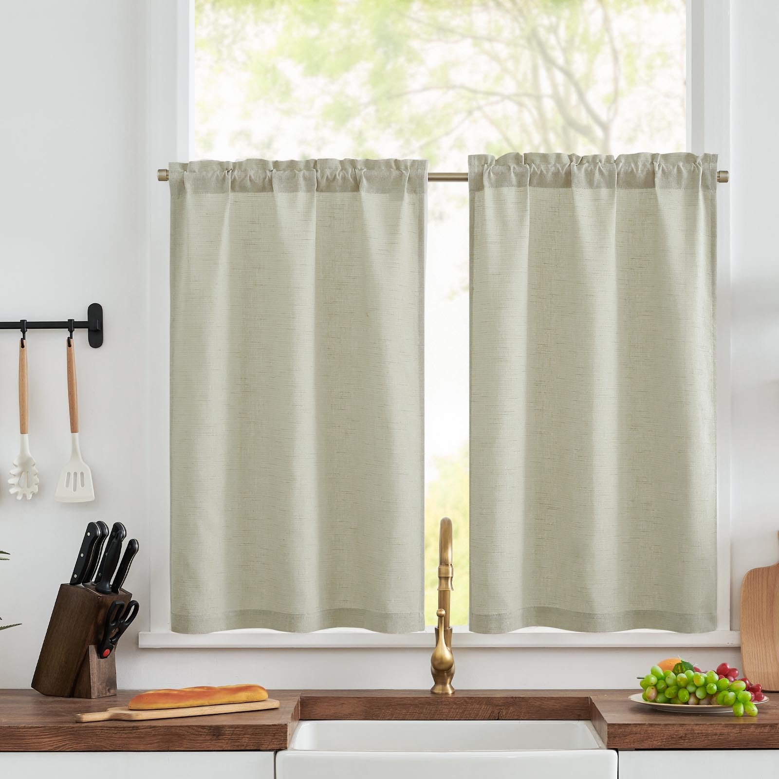 Jinchan Kitchen Curtains, Short Tier Linen Textured Window Curtains Set, Light Filtering For Living Room, Bathroom, Ideal For Cafe, Farmhouse And Country, 2 Panels, 36 Inch, Rod Pocket Heathered Oat