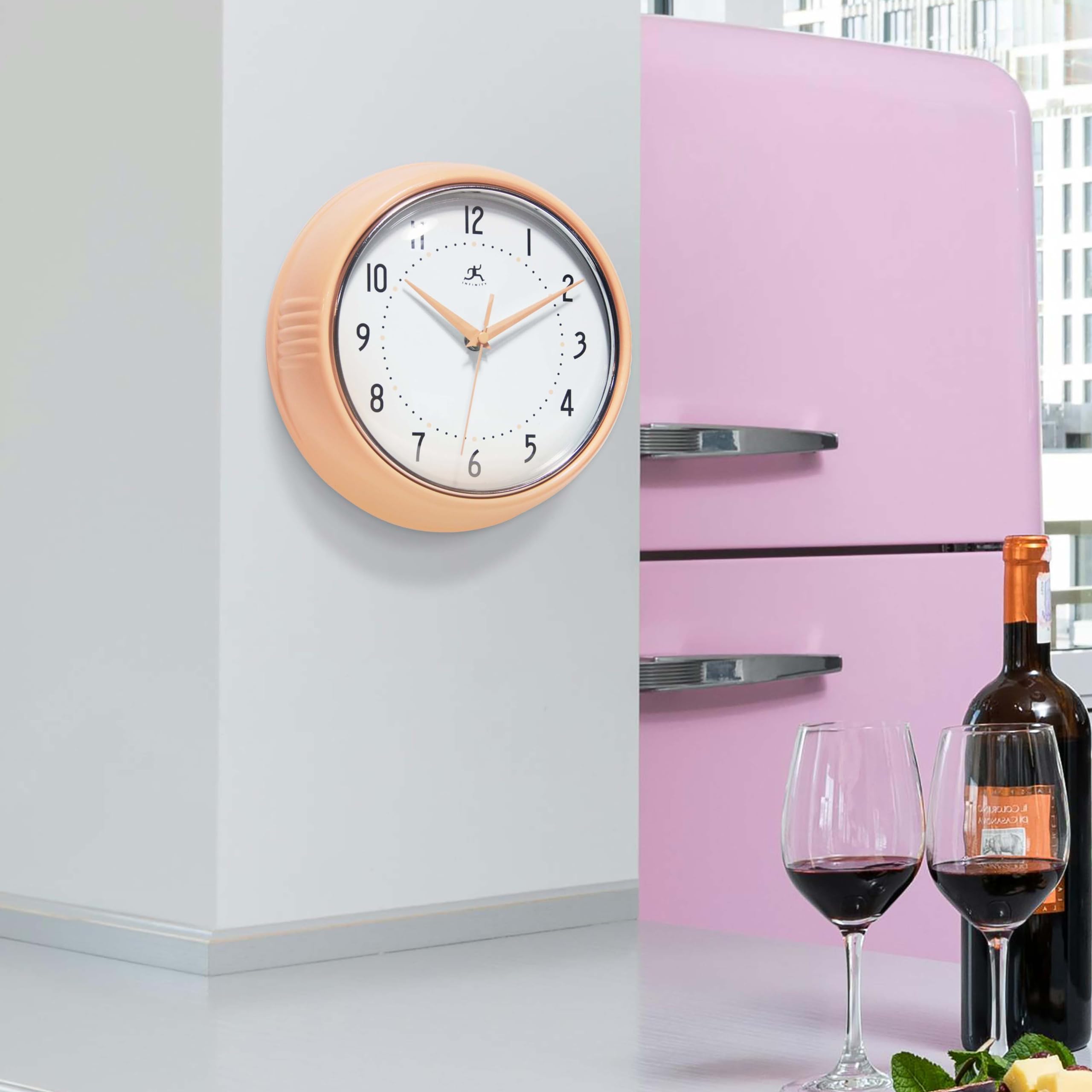Infinity Instruments Retro 9.5 Inch Round Indoor Wall Clock, Peach Fuzz