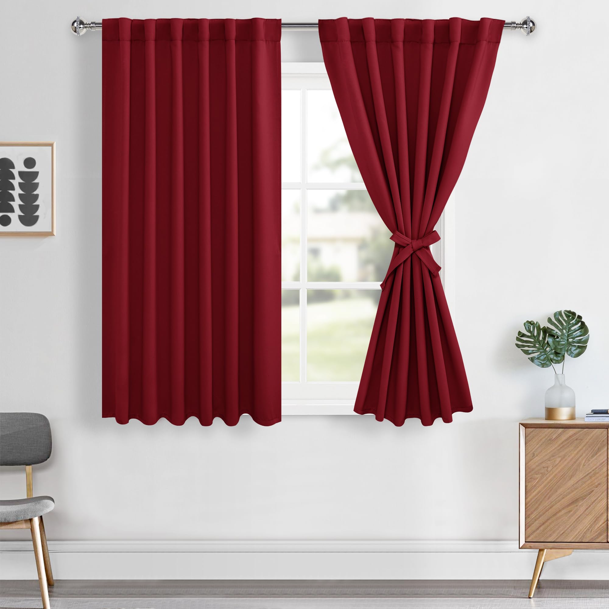 Hiasan Red Blackout Curtains 54 inch Long, Light Blocking Thermal Insulated Rod Pocket & Back Tab Christmas Drapes Sewn with Tie