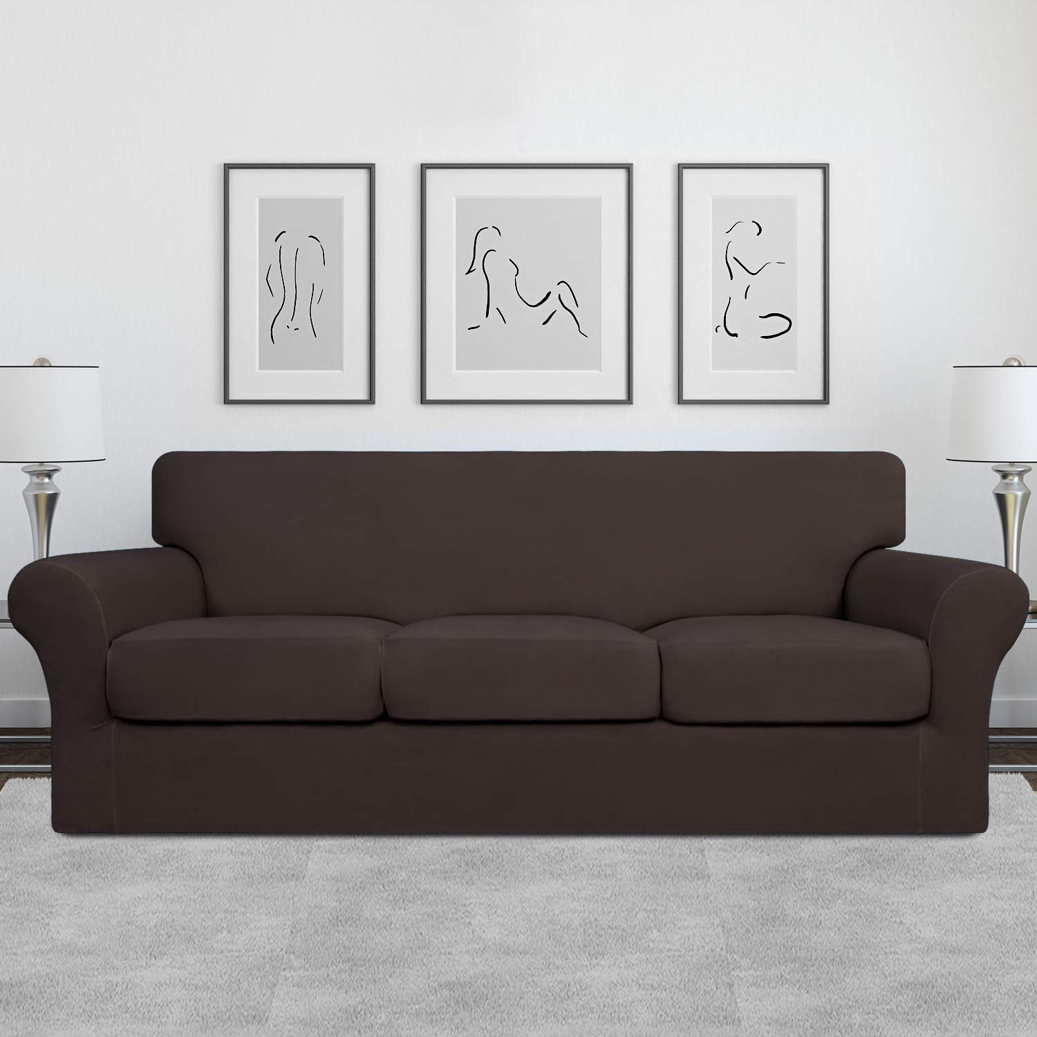 Easy-Going 4 Pieces Stretch Soft Couch Cover For Dogs - Washable Sofa Slipcover For 3 Separate Cushion Couch - Elastic Furniture Protector For Pets, Kids (Sofa, Chocolate)