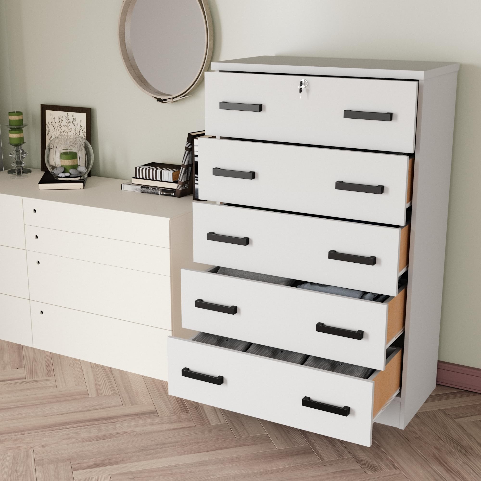 Cindy 5 Drawer Chest Wooden Dresser with Lock (White)