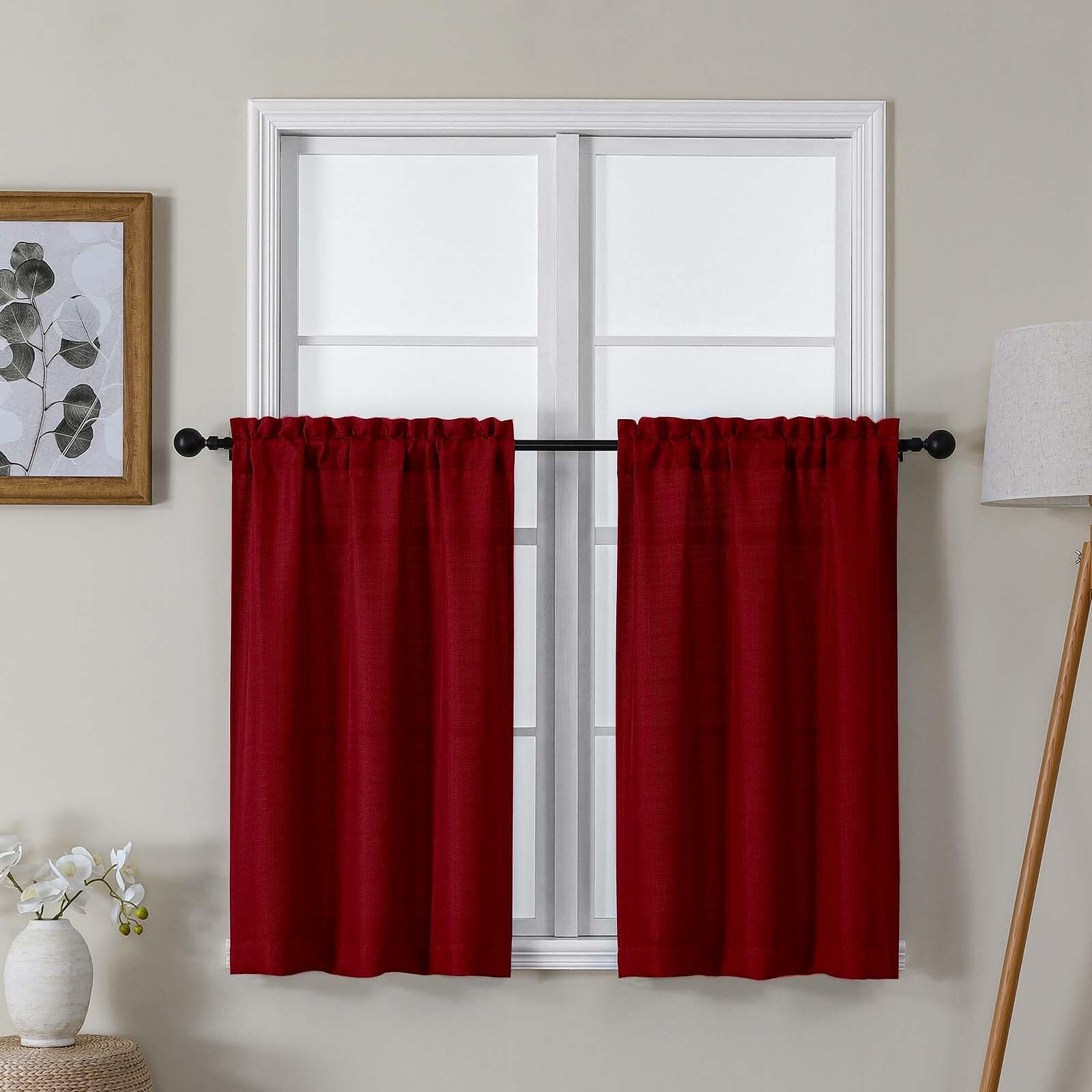 Lecloud Bessie Red Kitchen Curtains 36 Inch Length 2 Pcs, Christmas Faux Linen Textured Short Curtain, Light Filtering Breathabl