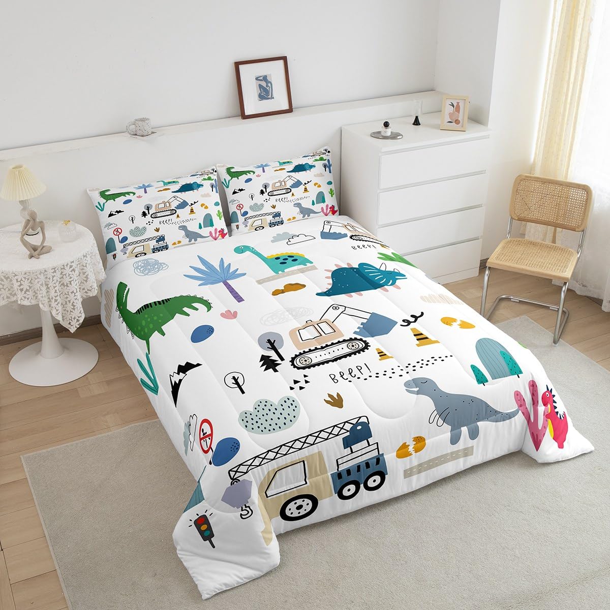 Erosebridal Construction Comforter Set Twin, Cute Dino Excavator Bedding For Kids Boys Girls, Cartoon Car Trucks Crane Equipment
