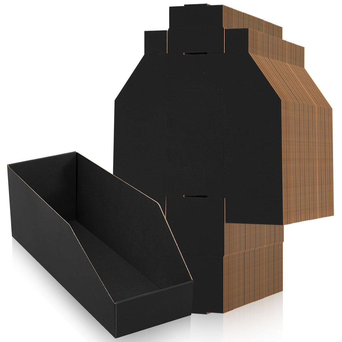 Fuyoooo 30 Pack 12 x 4 x 4. 5 Inches Cardboard Storage Bins Open Top Bin Boxes Black Corrugated Shelf Organizer Bins for Pantry,