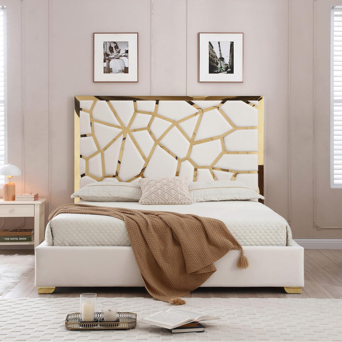 Woodpecker'S Inc Serenity Velvet Bed With Gold Metal Frame (Cream, Queen)