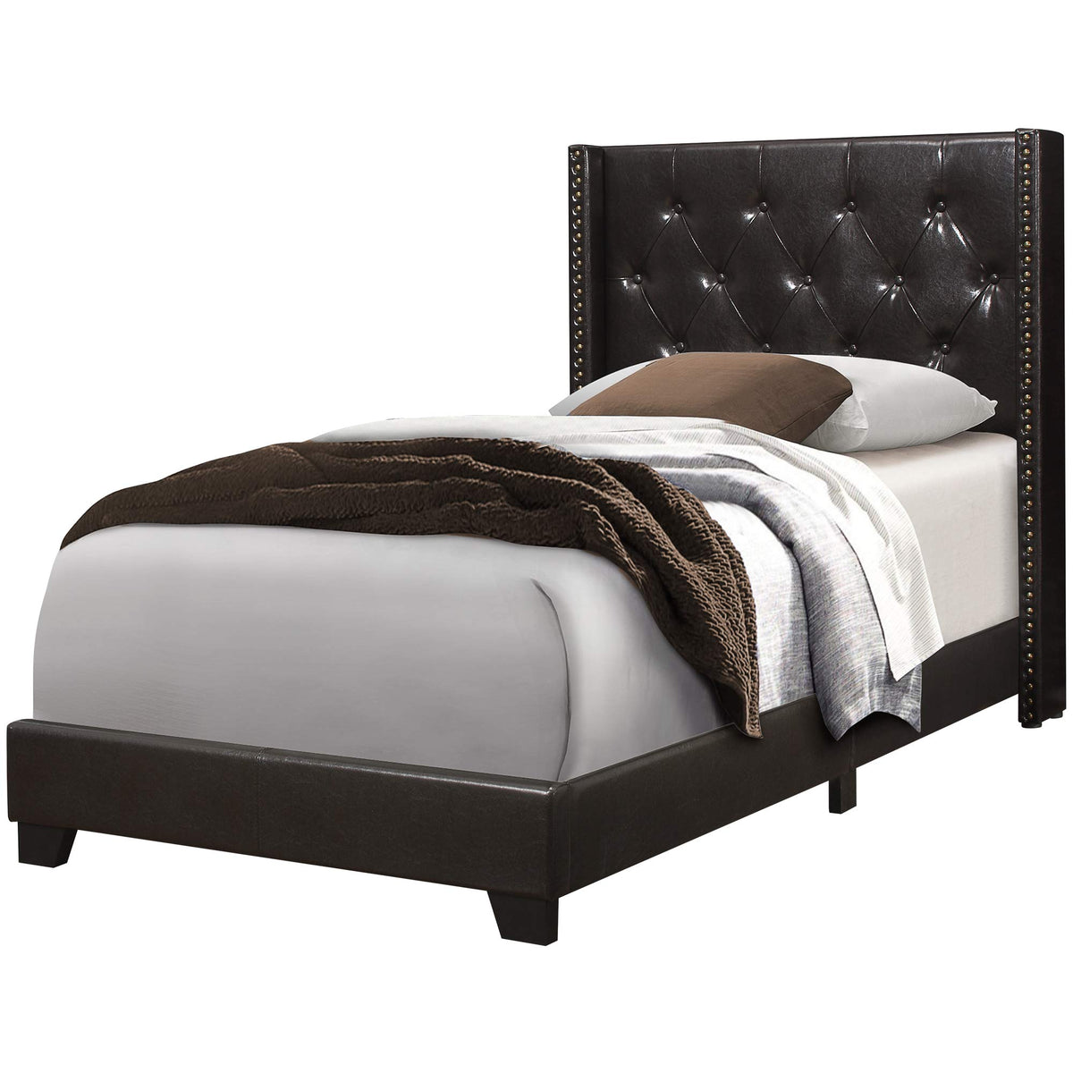 Monarch Specialties I Size/Brown Leather-Look with Brass Trim Twin Bed, Double,