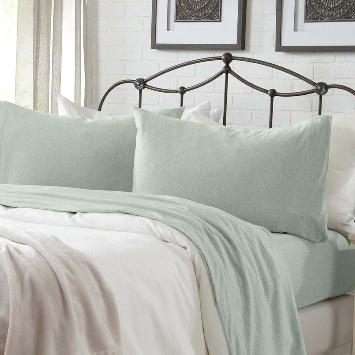 Great Bay Home Cotton Jersey Knit Twin Xl Sheet Set - Ultra-Soft, Stretchy, Heathered Melange Aqua Bed Sheets - Cozy, Soft T-Shi