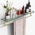 Glass Bathroom Shelf with Towel Bar,24-Inch Brushed Gold Stainless Steel Glass Shelves for Bathroom with Towel Holder Rectangula