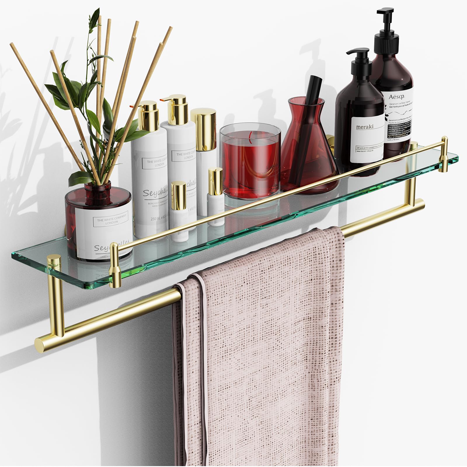 Glass Bathroom Shelf with Towel Bar,24-Inch Brushed Gold Stainless Steel Glass Shelves for Bathroom with Towel Holder Rectangula
