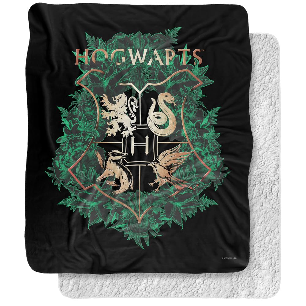 Harry Potter Blanket, 50'X60', Hogwarts Green And Gold Floral Crest Silky Touch Sherpa Back Super Soft Throw Blanket