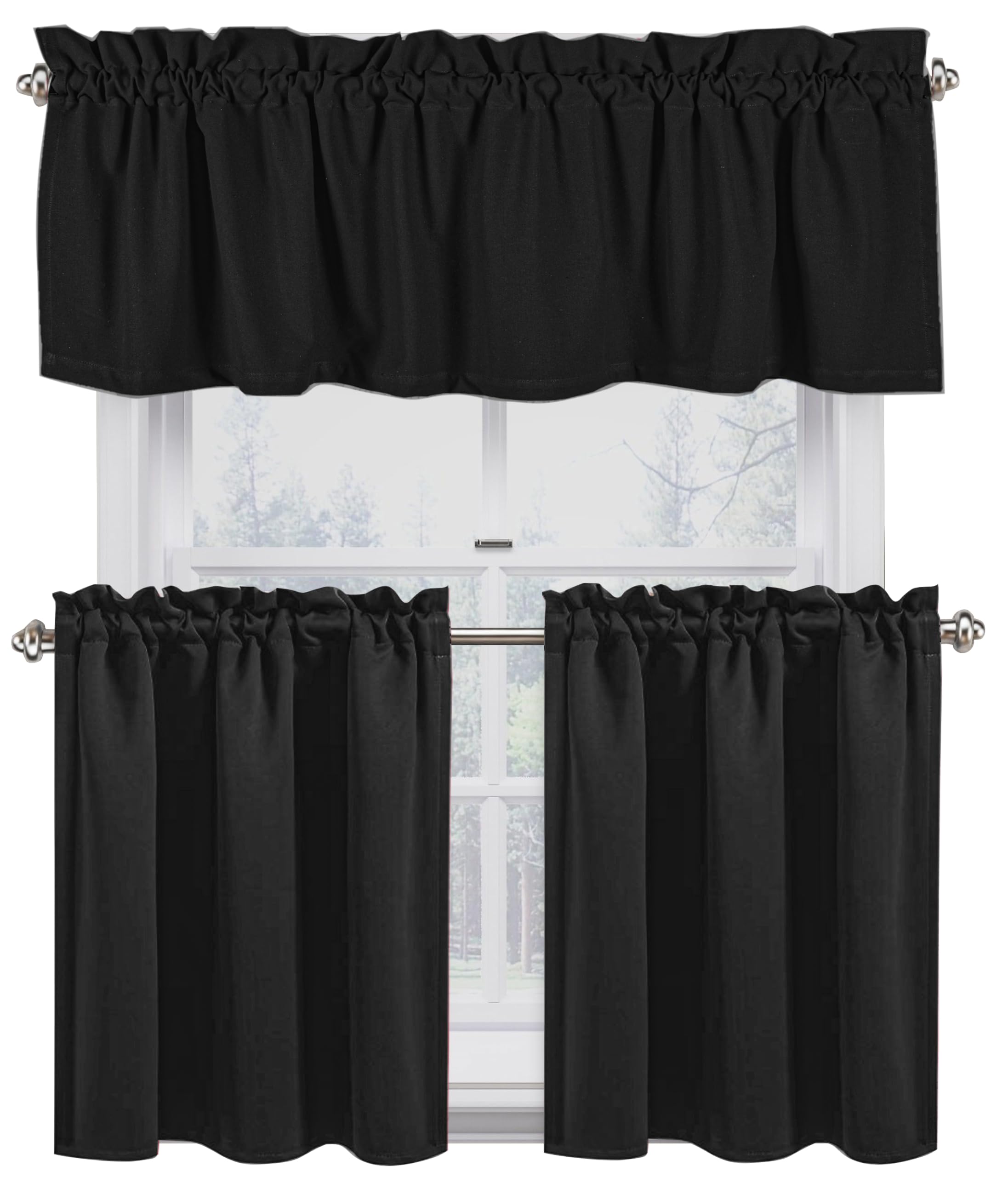 Native Fab 3 Pieces Window Curtain Tiers 26x36 and Valance 54x18 Set - Rod Pocket - Semi Sheer - Farmhouse Curtain for Kitchen, 
