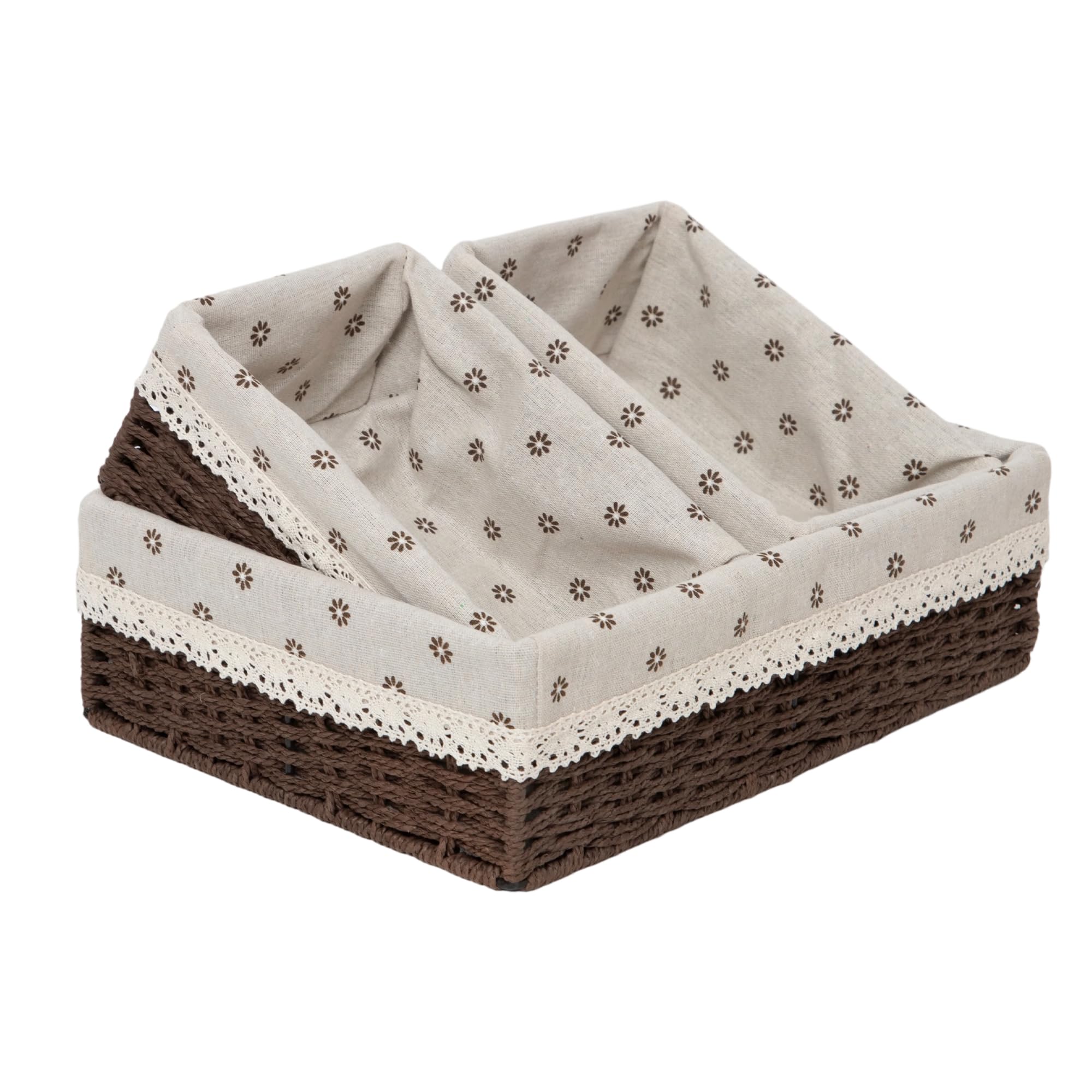 QINGTUHOME Woven Paper Rope Storage Basket Set with Handles & Liners,Set of 3- Cube Organizers Basket for Drawers, Shelves & Clo
