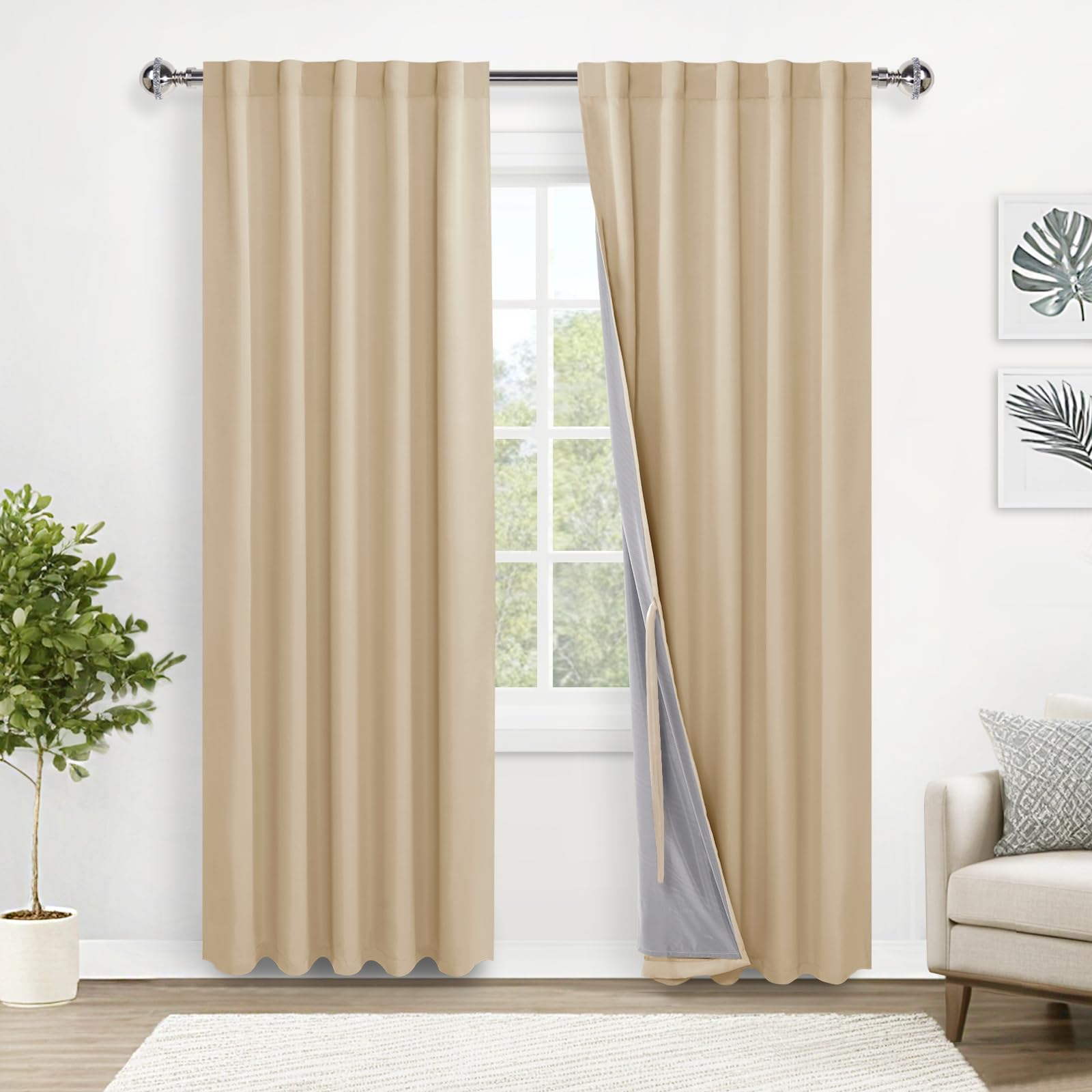 Xwzo Total Blackout Curtains With Tiebacks - Rod Pocket & Back Tab Thermal Insulated Noise Reducing Heat Blocking Drapes For Hal