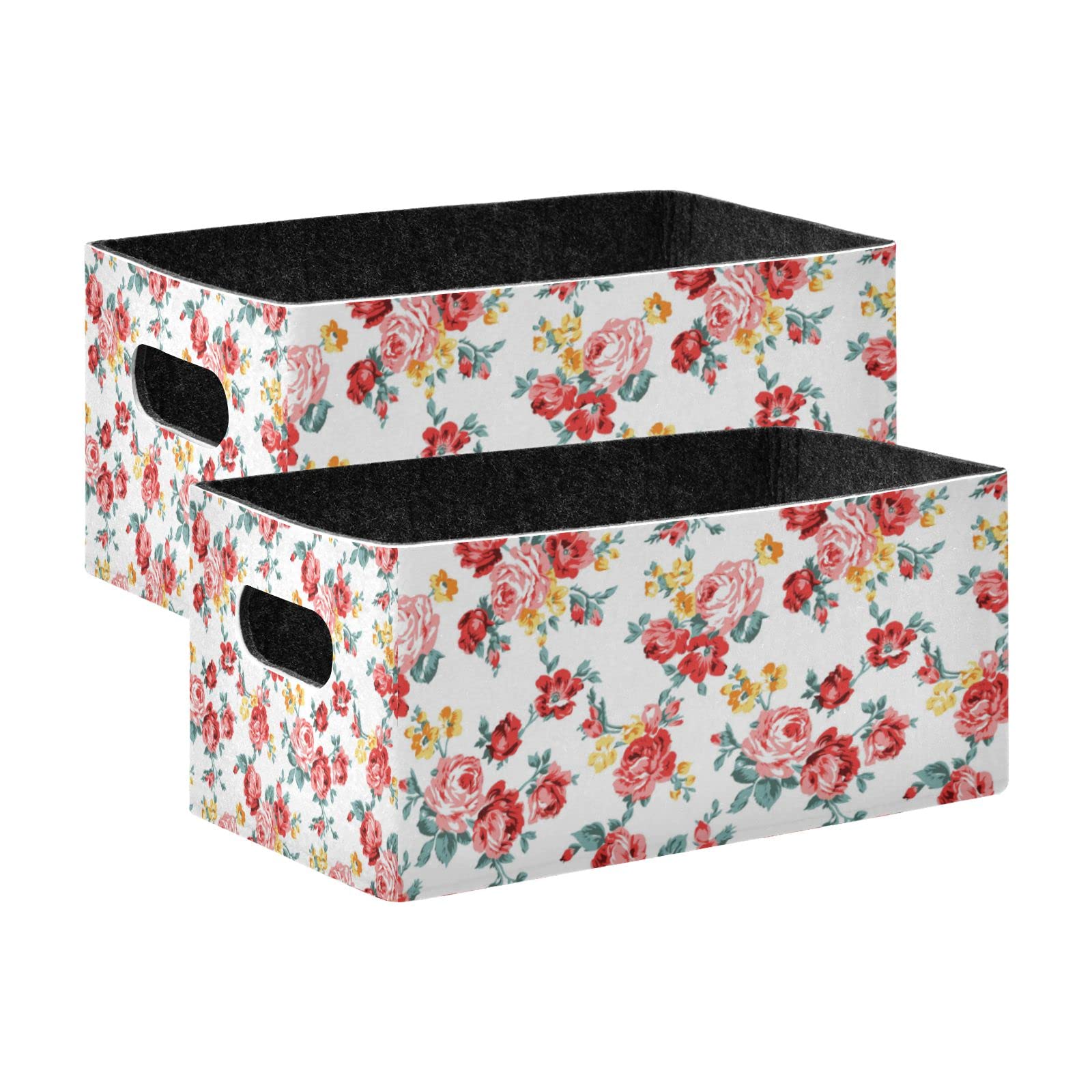Kcldeci Rose Floral Flower Green Leaf Storage Bins Baskets for Organizing 2Pack, Sturdy Storage Basket Foldable Storage Baskets 