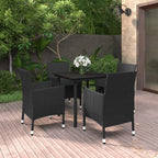 vidaXL 5-Piece Patio Dining Set - Weather-Resistant Poly Rattan Chairs & Table - Tempered Glass Tabletop - Cushioned Seats - Black
