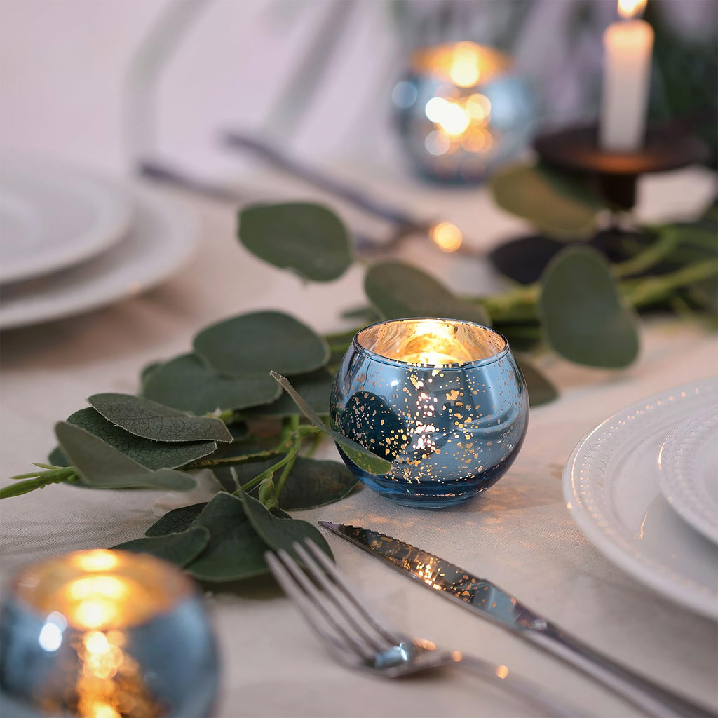 12 Pcs Blue Votive Candle Holders- Mercury Glass Votives Tealights Holders, Blue Candle Holders Blue Centerpieces For Blue Brida