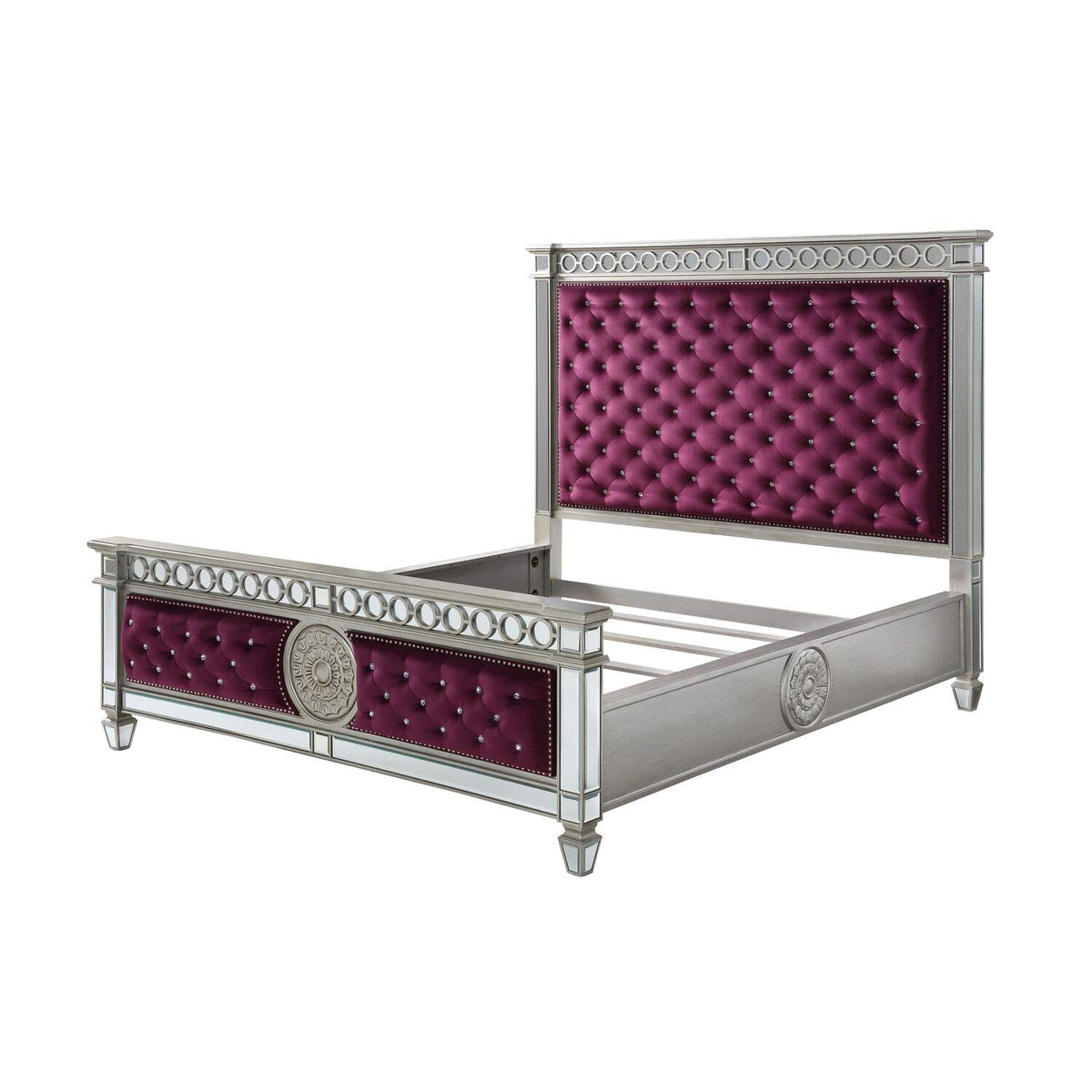 Acme Varian Velvet Upholstered Queen Bed in Burgundy and Mirrored