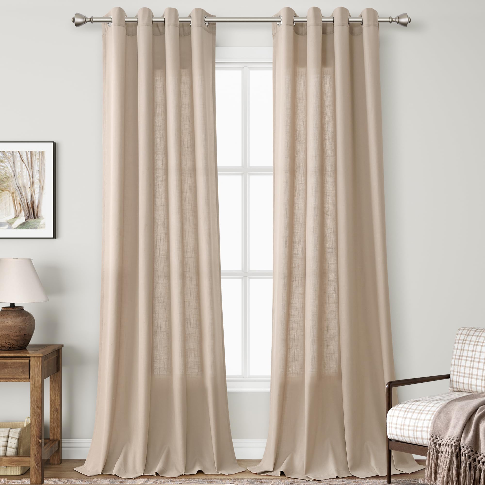 Tan Linen Extra Long Curtains For Living Room 120 Length 2 Panels Grommet Semi Sheer Light Filtering Curtains Solid Flax Privacy