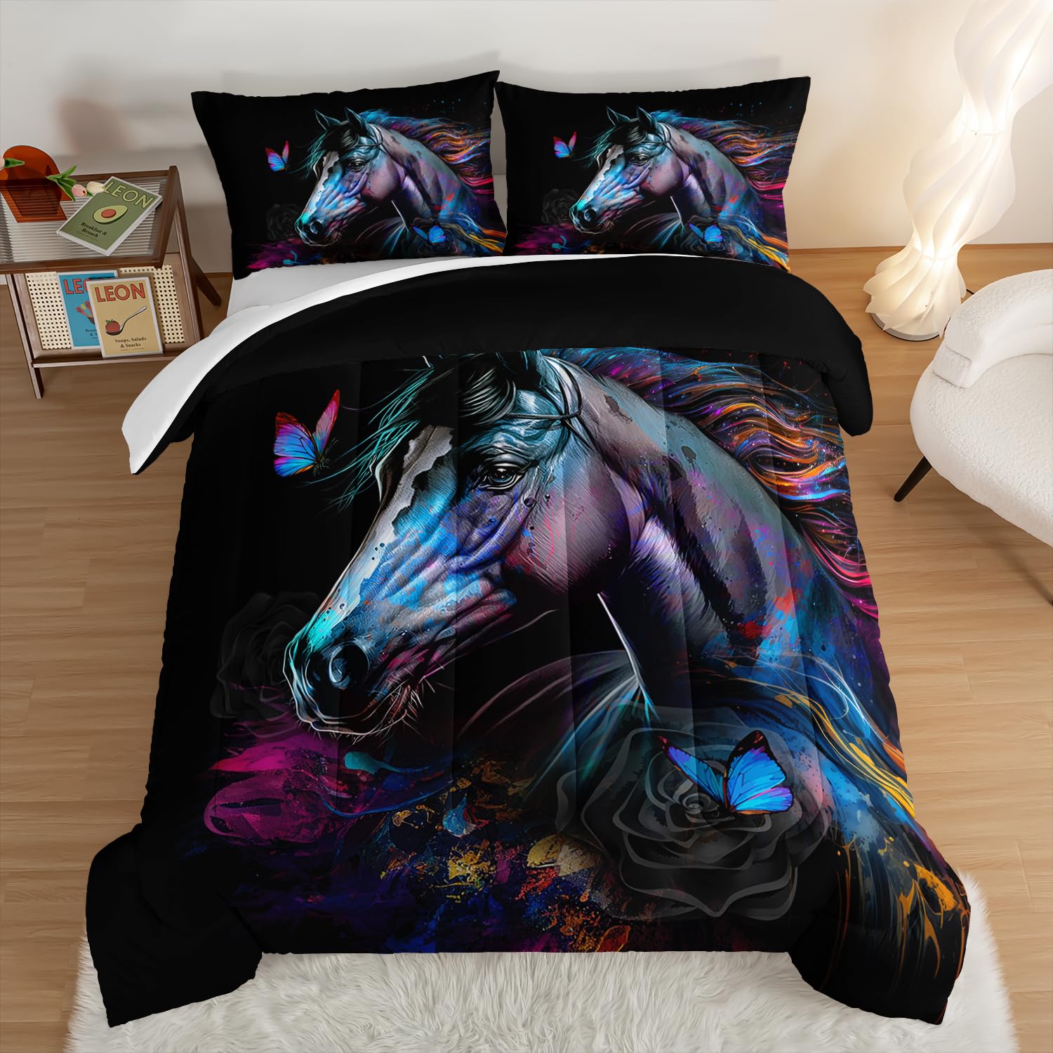 Hosima 3 Pieces Art Horse Comforter Set With 2 Pillowcases,Wildlife Horse Butterfly Black Comforter Boys Teens Aesthetic Room De