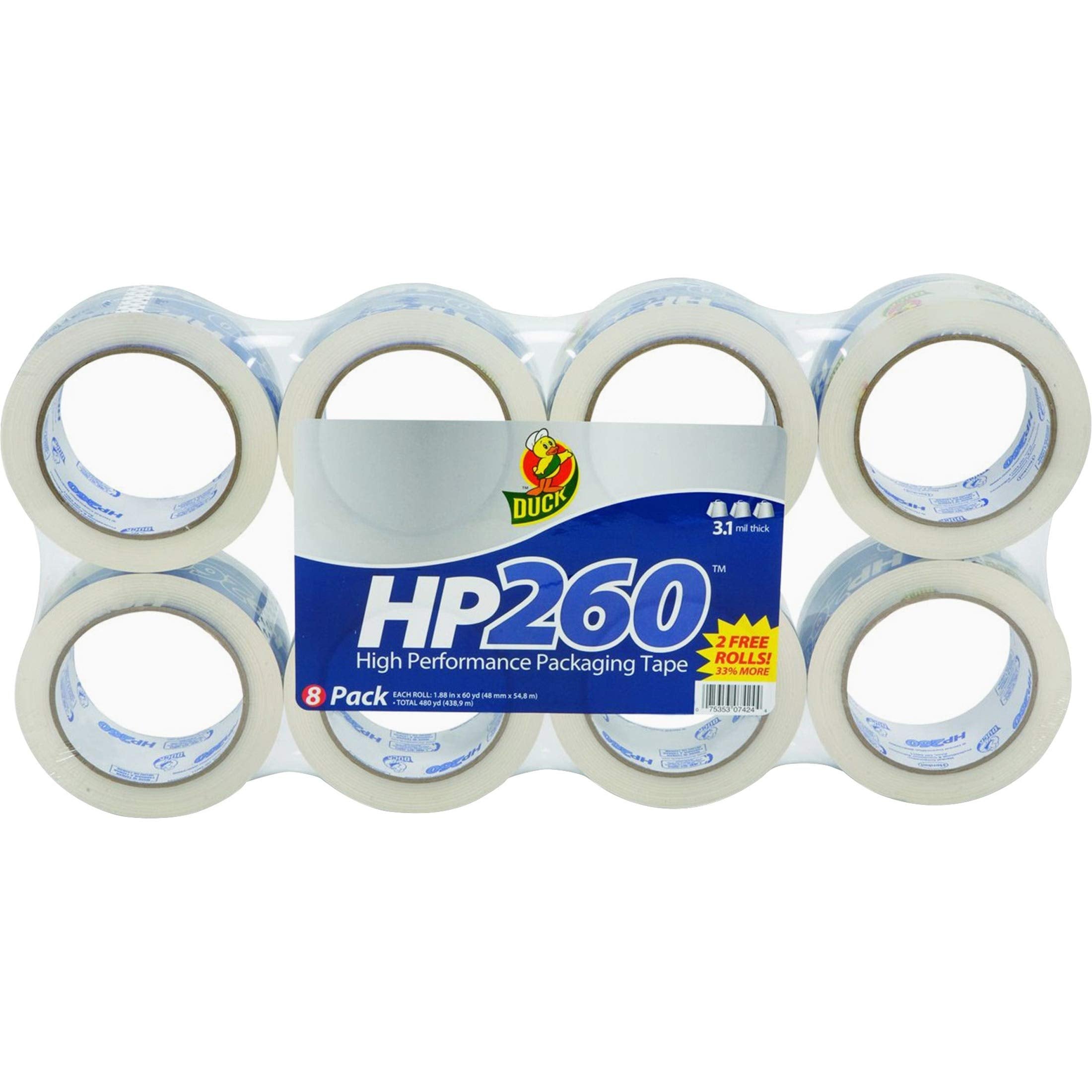 Duck Hp260 Packaging Tape, 8 Rolls, 480 Yards, High Performance Strong Tape For Shipping, Mailing & Storage, 3' Core, Clear Pac