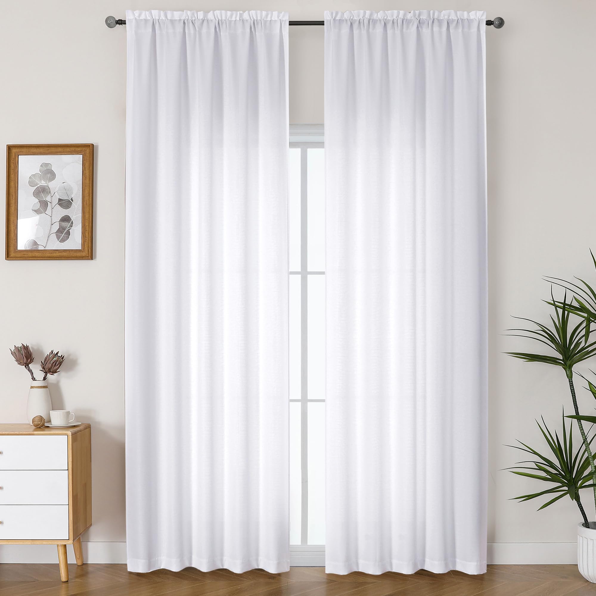 Lecloud Bessie White Curtains 90 Inches Long 2 Panels, Airy Faux Linen Textured Light Filtering Privacy Drapes with Rod Pocket, 